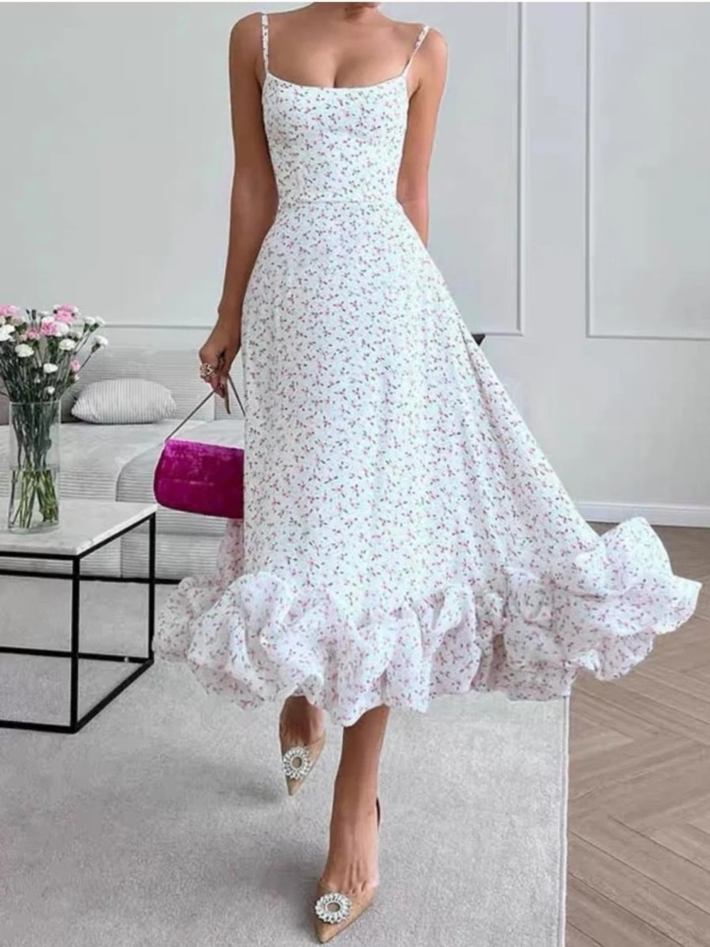 White Floral Maxi Dress with Ruffled Hem and Spaghetti Straps